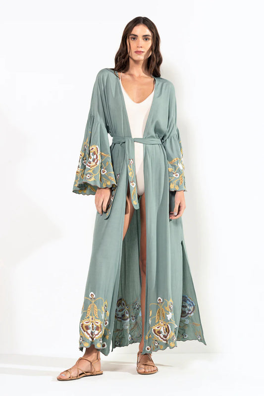 Kimono Longo Flora Aloe Green