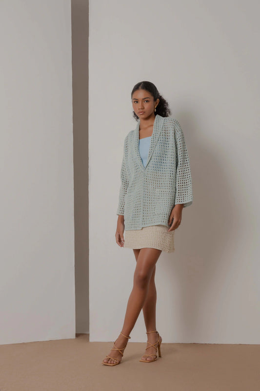 Blazer Mila em Crochê Handmade Azul Claro